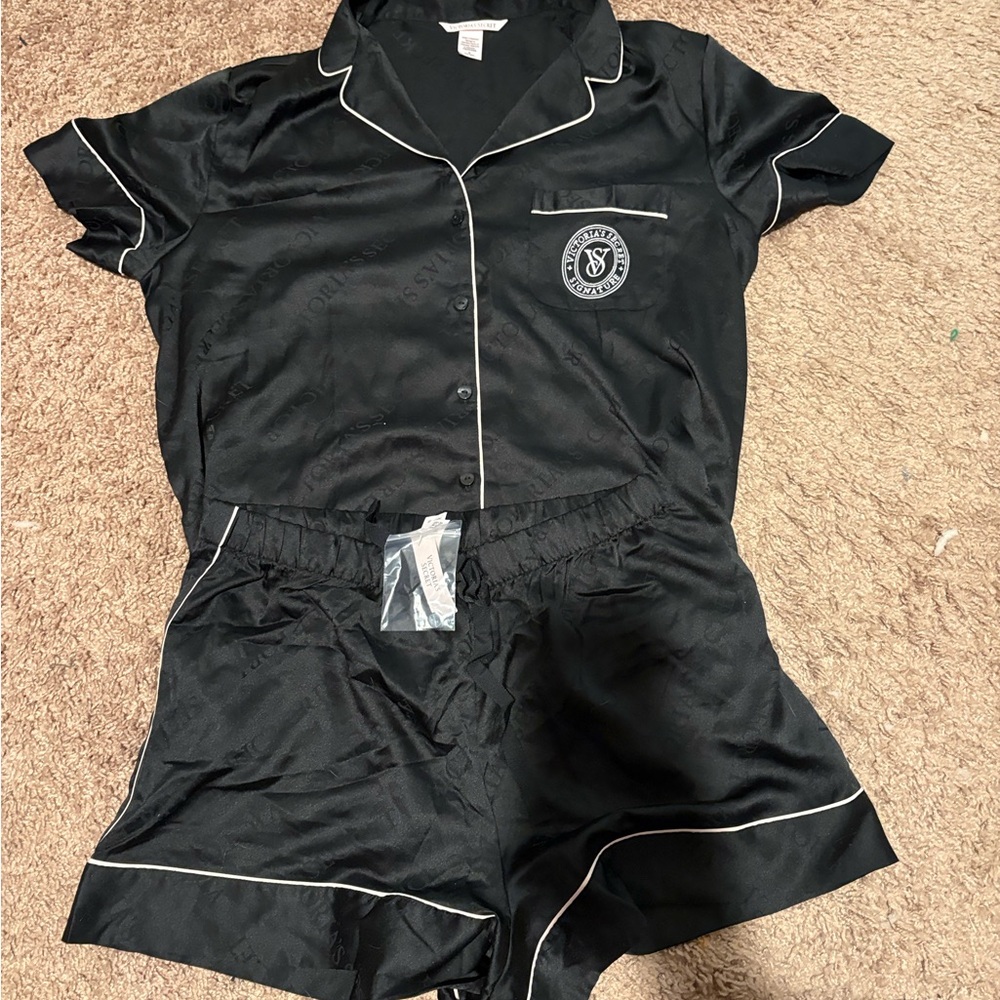 Victoria's Secret Black Satin Pajama Set with White Trim